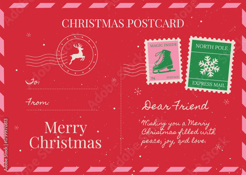 Retro Christmas Postcard vector template with reindeer postmark, ice skate and snowflake stamps, and a Merry Christmas greeting on red background.