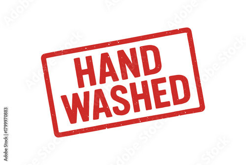 Red rubber stamp text HAND WASHED rectangular outline bold capital letters distressed texture rotation isolated on white background vector illustration clean minimal style