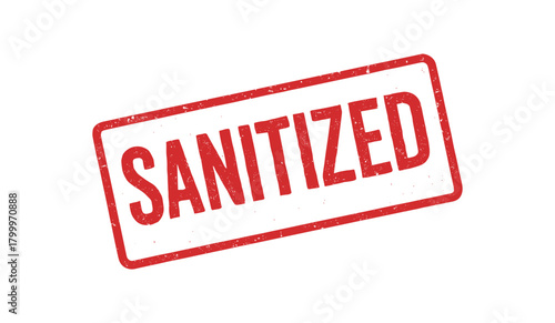 Red rubber stamp text SANITIZED rectangular outline bold capital letters distressed texture rotation isolated on white background vector illustration clean minimal style