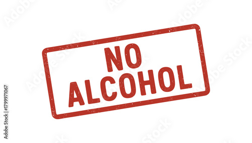 Red rubber stamp text NO ALCOHOL rectangular outline bold capital letters distressed texture rotation isolated on white background vector illustration clean minimal style