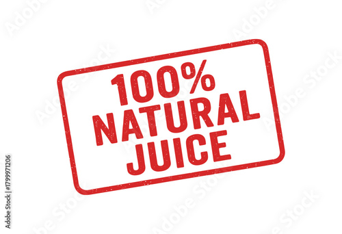Red rubber stamp text 100% NATURAL JUICE rectangular outline bold capital letters distressed texture rotation isolated on white background vector illustration clean minimal style