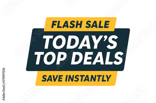 Flat vector banner design top text SALE main text TODAY TOP DEALS bottom text SAVE INSTANTLY and gray bold rectangular composition