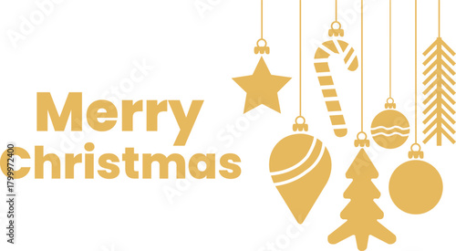 Merry christmas text with golden hanging ornaments on a clean white background for holiday season celebration greeting Vector,holidays poster,cover,background design 