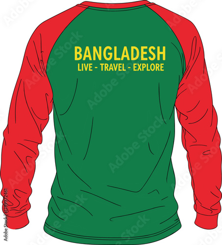 Bangladesh tourism shirt illustration, green body red sleeves with yellow text, long sleeve fashion vector for cultural travel apparel design