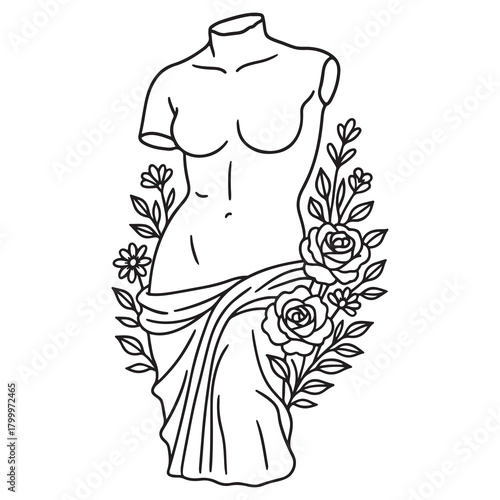 Stylized Venus-inspired female statue with wildflowers in a modern line design. Black and white linear vector illustration.