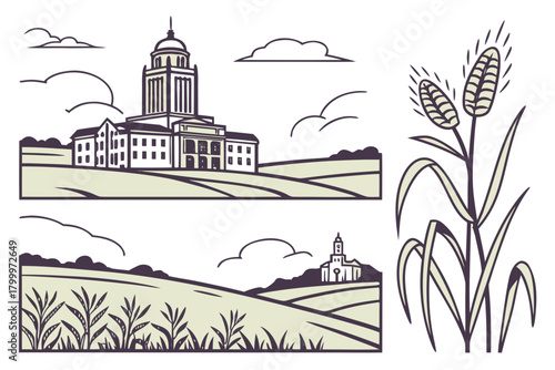 “Lawrence Kansas with prairie and college icons, clean vector”