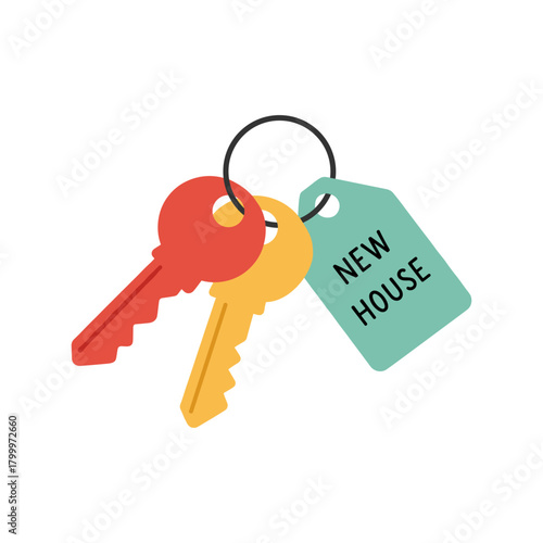 New house keys with colorful keychain and 'NEW HOUSE' tag in flat design for real estate, moving, and homeownership celebration