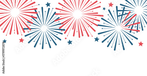  Red and blue stylized fireworks with stars on white background, festive celebration design for patriotic or holiday themes