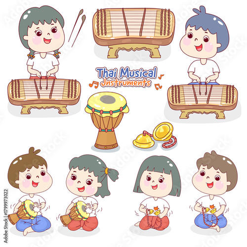 Kids playing traditional Thai musical instruments.