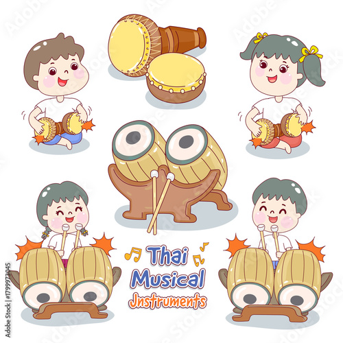 Kids playing traditional Thai musical instruments.