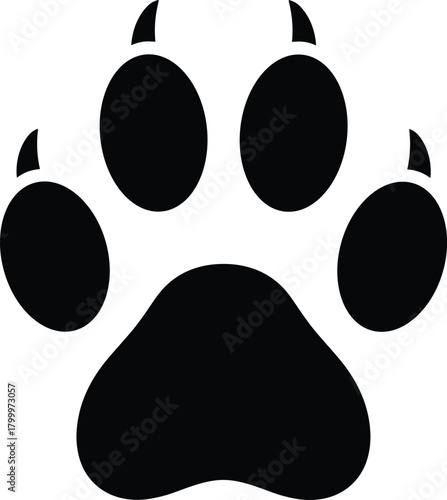 Black paw print silhouette illustration with claw marks, stylized vector for animal tracking, wildlife, pet, or design use
