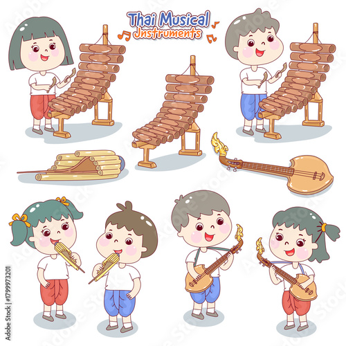 Kids playing traditional Thai musical instruments.