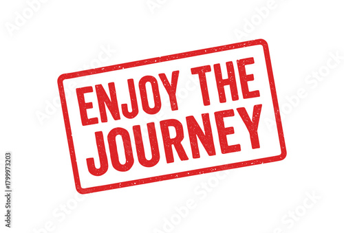 Red rubber stamp text ENJOY THE JOURNEY rectangular outline bold capital letters distressed texture rotation isolated on white background vector illustration clean minimal style