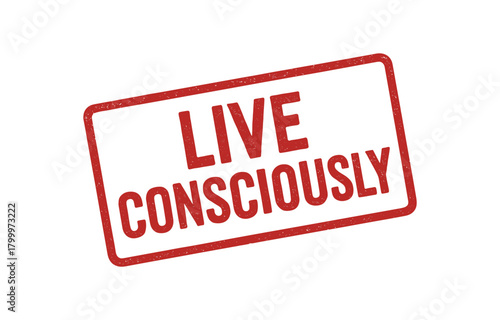 Red rubber stamp text LIVE CONSCIOUSLY rectangular outline bold capital letters distressed texture rotation isolated on white background vector illustration clean minimal style