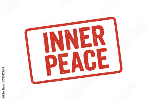 Red rubber stamp text INNER PEACE rectangular outline bold capital letters distressed texture rotation isolated on white background vector illustration clean minimal style