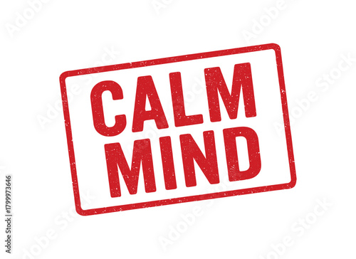 Red rubber stamp text CALM MIND rectangular outline bold capital letters distressed texture rotation isolated on white background vector illustration clean minimal style