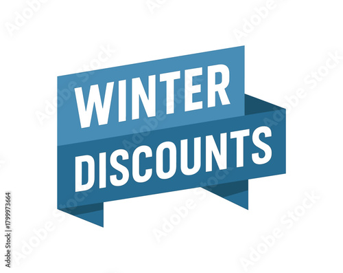 Flat vector banner design text Winter Discounts bold geometric font blue and steel palette ribbon folded shape