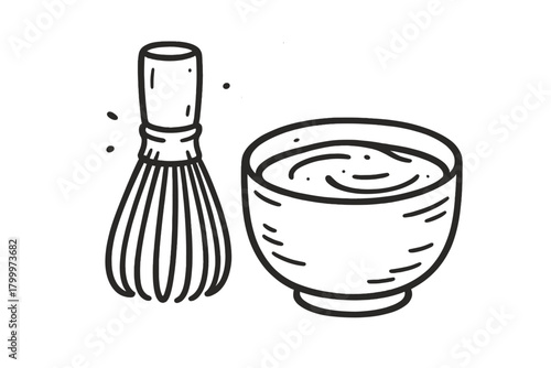 handdrawn cute doodle style matcha whisk and bowl vector line illustration