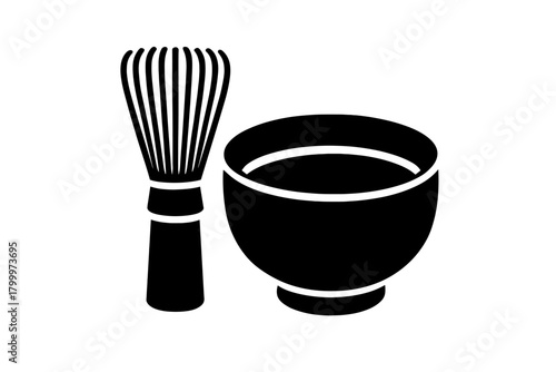 matcha whisk and bowl flat black solid vector illustration isolated on white background