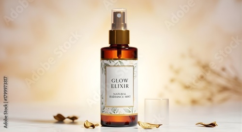Wallpaper Mural Amber Glass Natural Radiance Mist or Glow Elixir Spray Bottle with Botanical Label and Golden Cap Torontodigital.ca
