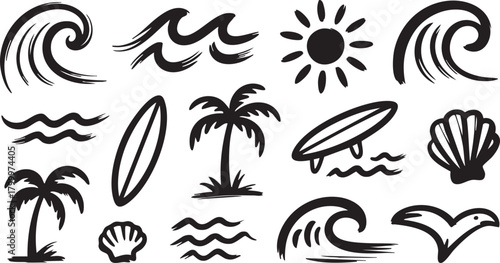 Hand-Drawn Summer Beach and Ocean Elements Ocean Wave and Surf Line Art Illustration Set