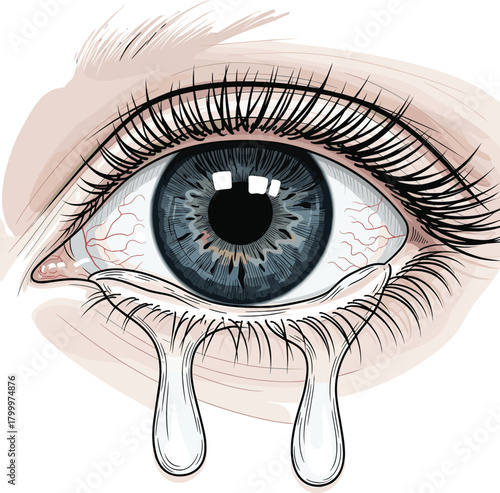 Blue-gray teary eye illustration with red veins and emotional expression, realistic vector for art, medical, or expressive design use