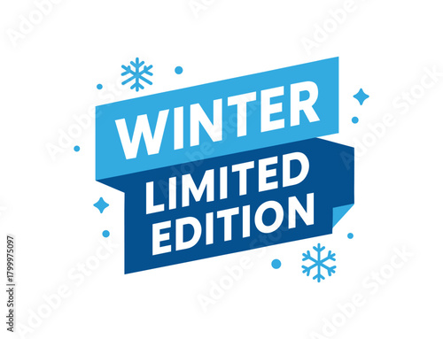 Flat vector banner design text Winter Limited Edition bold geometric font blue and white palette ribbon folded shape