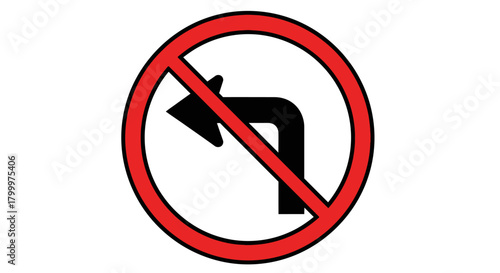 No left turn traffic sign with a red prohibition circle and diagonal bar for safety regulations and direction warnings to avoid accidents and danger