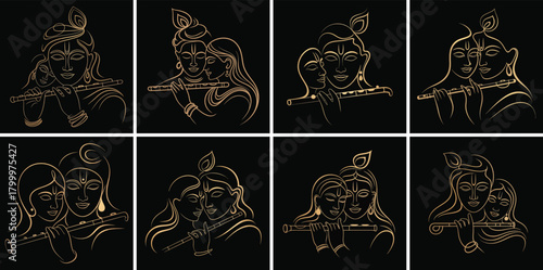 Lord Krishna and Radha playing flute line art collection
