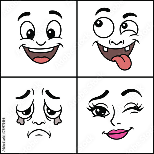Cartoon face emotion set illustration, happy silly sad flirty expressions in grid, vector doodles for educational or creative use