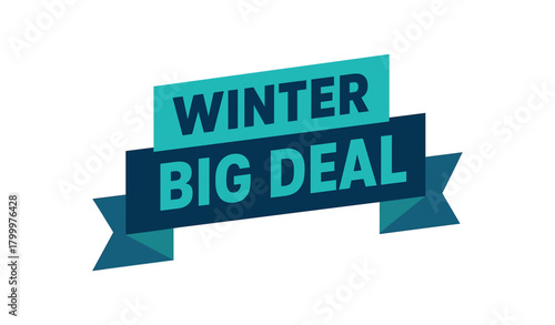 Flat vector banner design text Winter Big Deal bold geometric font dark blue and turquoise palette ribbon folded shape