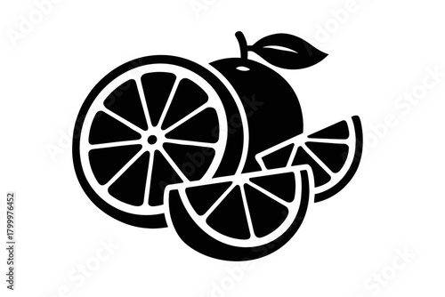 fresh orange slices flat black solid vector illustration isolated on white background