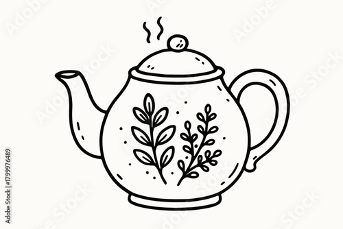 handdrawn cute doodle style teapot with herbs vector line illustration