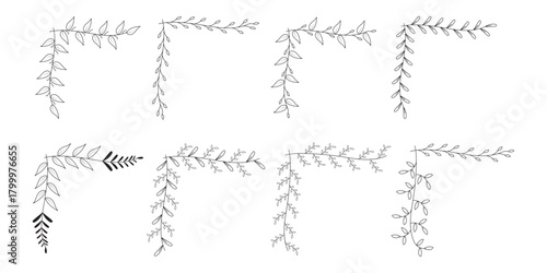 Hand Drawn Floral Corner Leaf and Branch Vector Set