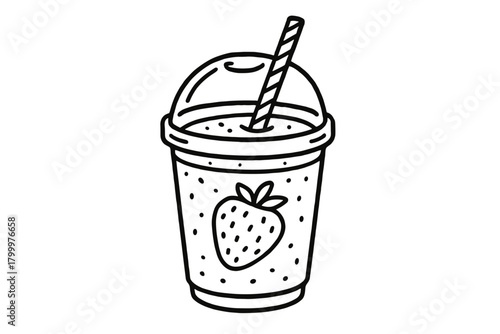 handdrawn cute doodle style strawberry smoothie cup vector line illustration