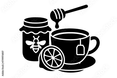 honey and lemon tea flat black solid vector illustration isolated on white background