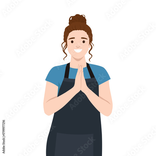 Smiling Female Worker Greeting with Thankful Gesture. Flat vector illustration isolated on white background