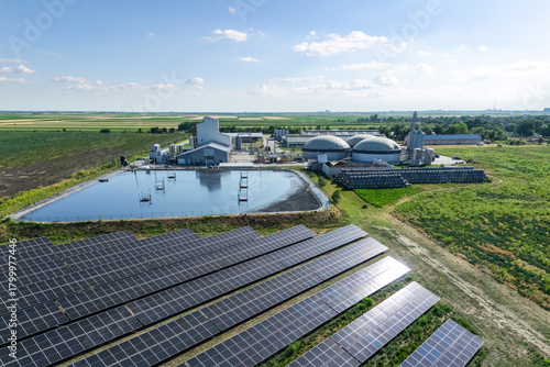 Aerial view of biogas plant using renewable energy for biomethane production