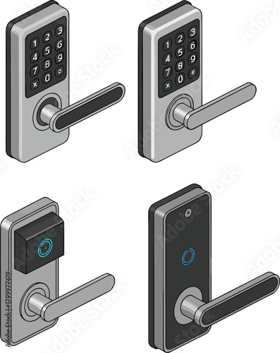Electronic door lock illustration with keypad, card reader, and biometric touch interface, lever handle vector for smart access control design