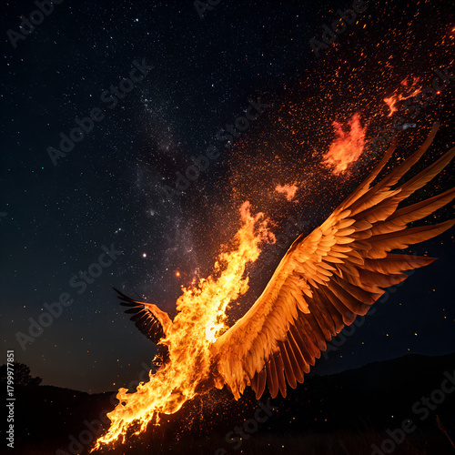 A bird wing with flames and sparks