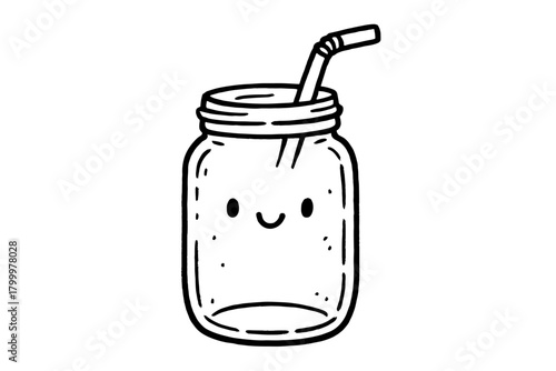 handdrawn cute doodle style mason jar with straw vector line illustration