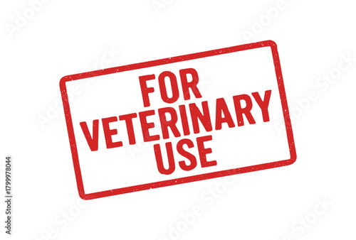 Red rubber stamp text FOR VETERINARY USE rectangular outline bold capital letters distressed texture rotation isolated on white background vector illustration clean minimal style