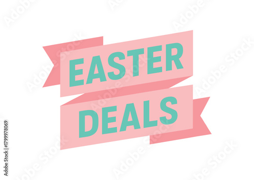 Flat vector banner design text Easter Deals bold geometric font pastel pink and mint palette ribbon folded shape