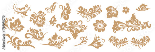 Vintage swirl-style ornament. Russian style, leaf pattern, elegant filigree ornament. Golden arabesque decorative elements. Vector Slavic traditional motif. Suitable for card, wedding, and invitation.