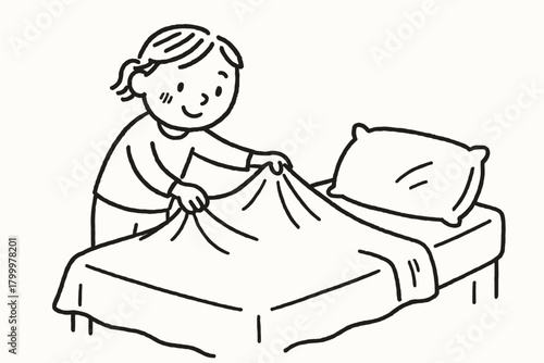 handdrawn cute doodle style person making bed neatly vector line illustration