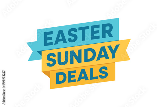Flat vector banner design text Easter Sunday Deals bold geometric font light blue and palette ribbon folded shape
