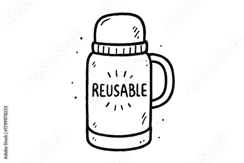 handdrawn cute doodle style reusable thermos vector line illustration