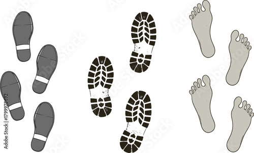 Footprint comparison illustration with dress shoe, rugged boot, and barefoot styles, horizontal layout vector for tracking or design use