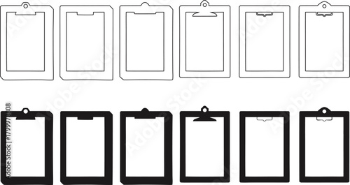 Clipboard icon set in outline and solid styles, minimal office stationery collection for business, document management, planner design, and modern organizational graphics.
