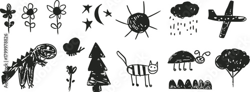 Hand-drawn doodle set featuring playful children’s sketches of animals, plants, weather, and symbols. Whimsical black ink drawings ideal for education, and creative design. Perfect 